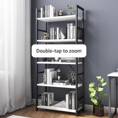 Industrial Bookshelf, 5-Tier 24.8" White Shelving Unit Wood Bookcase with Open Shelves, Rustic Standing Bookshelves Metal Frame Display Rack for Living Room,Bedroom, White