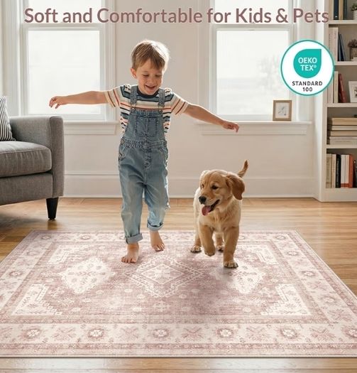 160x230cm,Large Washable Pink Rug with Non-Slip Backing,Boho Short Pile Soft Carpet for Home Office & Dining Room
