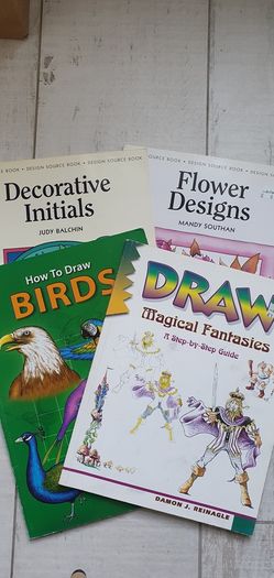 Drawing Books - Birds and Fantasy Figures  with 2 design source books  Decorative Initials & Flowers