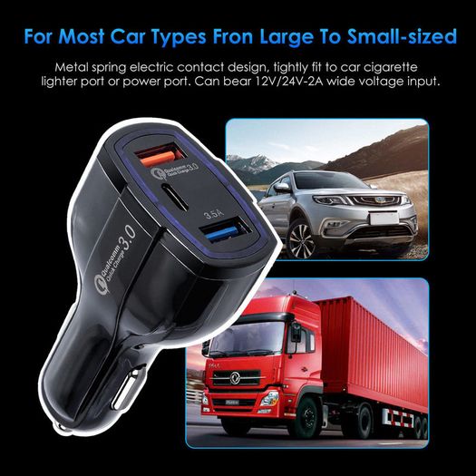 2 X QC 3.0 3 Port Fast Car Mobile Charger (Dual USB-A + Type-C) 35W (Brand New/Warranty)