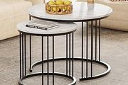 Round Coffee Tables, Set of 2 End Table, Nesting Tables, Side Table with Metal Frame for Living Room/Bedroom/Balcony/Office/Apartment, Diameter 23.6/15.7 IN (Black Frame, White Marble Finish Top)