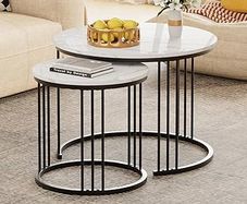 Round Coffee Tables, Set of 2 End Table, Nesting Tables, Side Table with Metal Frame for Living Room/Bedroom/Balcony/Office/Apartment, Diameter 23.6/15.7 IN (Black Frame, White Marble Finish Top)