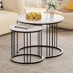 Round Coffee Tables, Set of 2 End Table, Nesting Tables, Side Table with Metal Frame for Living Room/Bedroom/Balcony/Office/Apartment, Diameter 23.6/15.7 IN (Black Frame, White Marble Finish Top)
