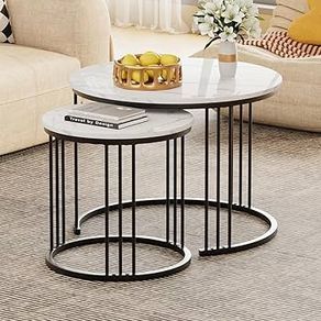 Round Coffee Tables, Set of 2 End Table, Nesting Tables, Side Table with Metal Frame for Living Room/Bedroom/Balcony/Office/Apartment, Diameter 23.6/15.7 IN (Black Frame, White Marble Finish Top)