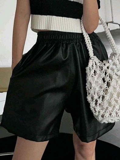 Elastic waist black PU leather shorts size S