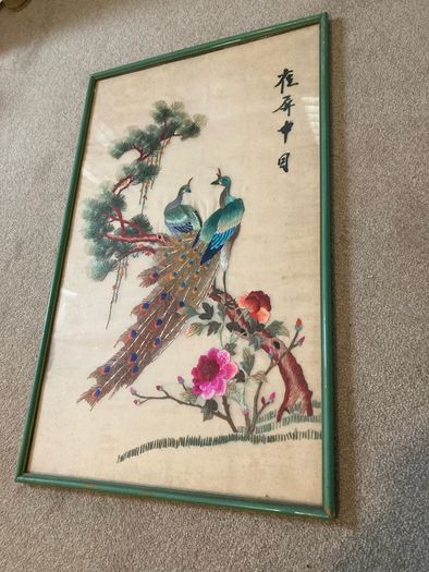 Chinese Silk Peacock Framed Tapestry 1970's