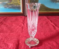 Vintage Killarney Crystal Ireland Cut Crystal 7 Inch Tall Hexagonal Shaped Bud Vase With Silver Tone Metal 3 Footed Round Base Made In Ireland