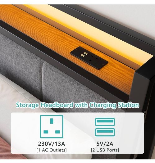 Double Bed Frame, 4FT6 Bed Frame Ergonomics Double with Charging Station and LED Lights, Heavy Duty Platform Full Bed with Fabric Storage Sloped Headboard, No Box Spring Needed, (Black)