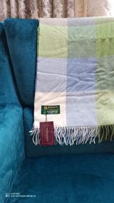 Lambswool Throw Cream Baby Blue and Green Block Check