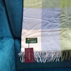 Lambswool Throw Cream Baby Blue and Green Block Check