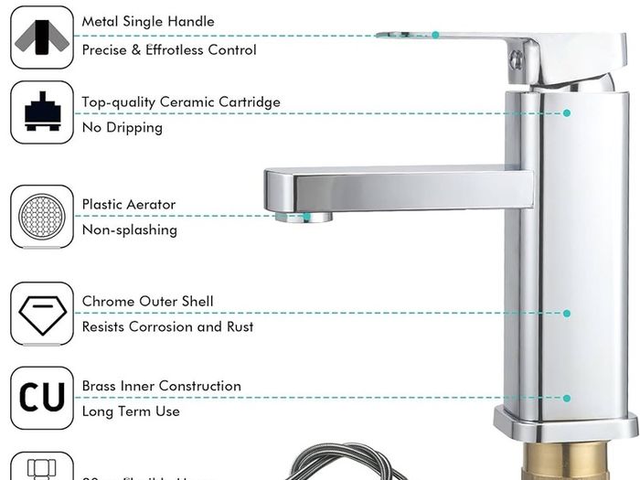 FREE POSTAGE Basin Tap Washroom Hot and Cold Mixer Tap Single Lever Bathroom Sink Faucet with 80CM UK Standard Hoses, Chrome