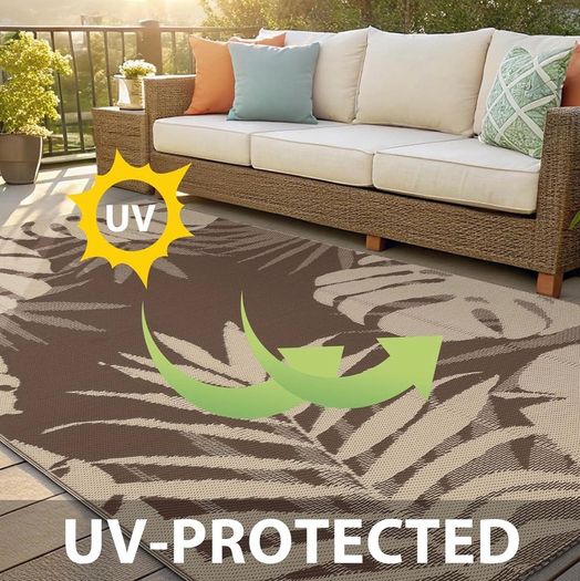 Waterproof Outdoor Rug, 240x300cm, Beige & Brown Anti-slip Reversible Plastic Straw Garden Rugs, Easy Cleaning Carpet for Camping, Patio, Beach, Picnic, Backyard