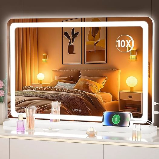 Vanity Mirror with Lights, 80 x 50cm LED Makeup Mirror, Lighted Make up Mirrors with with Touch Screen Control, 3 Dimmable Modes Round White