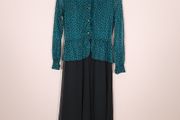 Vivify Boutique Teal Green Black Jacquard High Neck Peplum Layered Chiffon Skirt Midi Dress Size S