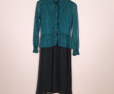 Vivify Boutique Teal Green Black Jacquard High Neck Peplum Layered Chiffon Skirt Midi Dress Size S