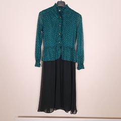 Vivify Boutique Teal Green Black Jacquard High Neck Peplum Layered Chiffon Skirt Midi Dress Size S