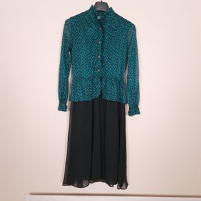 Vivify Boutique Teal Green Black Jacquard High Neck Peplum Layered Chiffon Skirt Midi Dress Size S