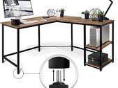 Desk - L Shaped Vintage Brown/Black Industrial Style 2 Shelves Cable Grommet Height Adjustable Metal Frame Corner Desk PC Computer Desk Office Table Home