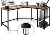 Desk - L Shaped Vintage Brown/Black Industrial Style 2 Shelves Cable Grommet Height Adjustable Metal Frame Corner Desk PC Computer Desk Office Table Home
