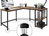 main image for ad Desk - L Shaped Vintage Brown/Black Industrial Style 2 Shelves Cable Grommet Height Adjustable Metal Frame Corner Desk PC Computer Desk Office Table Home