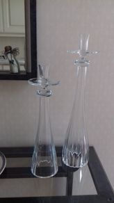 2 Newbridge Home Glass Pillar Candlesticks.