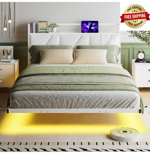 Floating Double Bed Frame with Upholstered Headboard Storage, White 135x190cm Metal Bed Frame with LED Lights & USB Charging Station, 4ft6 Platform Bed, Heavy Duty Metal Slats, Noise Free