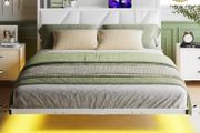 Floating Double Bed Frame with Upholstered Headboard Storage, White 135x190cm Metal Bed Frame with LED Lights &amp; USB Charging Station, 4ft6 Platform Bed, Heavy Duty Metal Slats, Noise Free