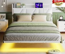Floating Double Bed Frame with Upholstered Headboard Storage, White 135x190cm Metal Bed Frame with LED Lights & USB Charging Station, 4ft6 Platform Bed, Heavy Duty Metal Slats, Noise Free