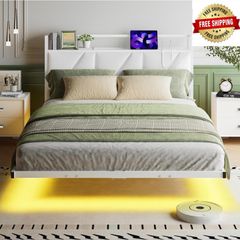Floating Double Bed Frame with Upholstered Headboard Storage, White 135x190cm Metal Bed Frame with LED Lights & USB Charging Station, 4ft6 Platform Bed, Heavy Duty Metal Slats, Noise Free