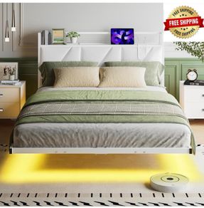 Floating Double Bed Frame with Upholstered Headboard Storage, White 135x190cm Metal Bed Frame with LED Lights & USB Charging Station, 4ft6 Platform Bed, Heavy Duty Metal Slats, Noise Free