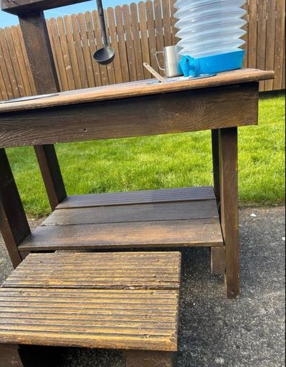 Hand made solid timber mud kitchen with stool with accessories