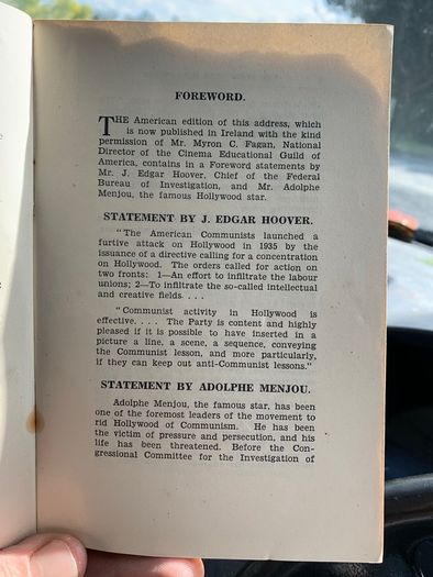 Very Rare Irish Pamphlet Red Stars Over Hollywood highlighting the perceived Communist propogada in the Hollywood movies in the post World War 2 era.