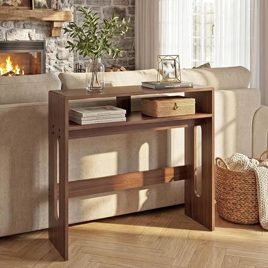 Walnut Wooden Console Table - Farmhouse Narrow Hallway Table with Storage, Behind Sofa Table for Entryway & Living Room