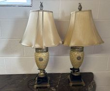 Pair of Decorative Urn Table Lamps Mosaic Tile Effect with Brass Fittings and Silk Shades