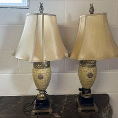 Pair of Decorative Urn Table Lamps Mosaic Tile Effect with Brass Fittings and Silk Shades