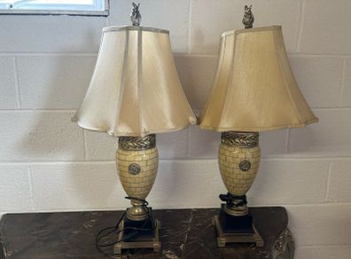 Pair of Decorative Urn Table Lamps Mosaic Tile Effect with Brass Fittings and Silk Shades