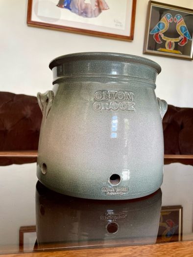 Handcrafted Kiltrea Bridge Pottery Stoneware Onion Crock Smooth Sage Green Glaze Embossed Onion Crock