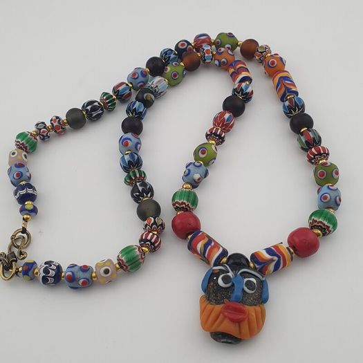 Vintage Venetian Style Mix Glass Beads & Old Face Pendant Necklace