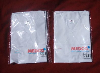 MEDCO MALE NURSE V-NECK TUNICS (code T21) - two white tunics with breast pockets, polyester/cotton fabric (size XS). Unused & sealed in their original packaging.