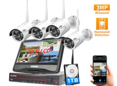 8CH 3MP 1536P Wireless Security Home Office Garden Shed Garage Cameras Kit Outdoor Waterproof 1080P 2MP IP Camera CCTV System Set with 10.1" Monitor NVR
