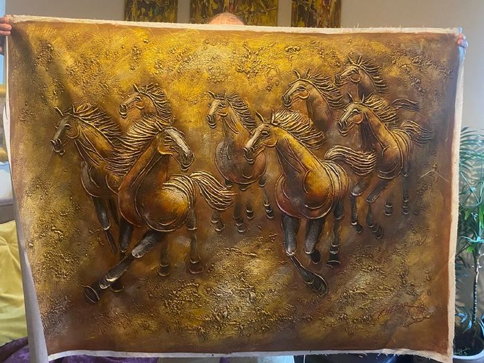Large Hand Painted Oil on Canvas - Eight Horses Running