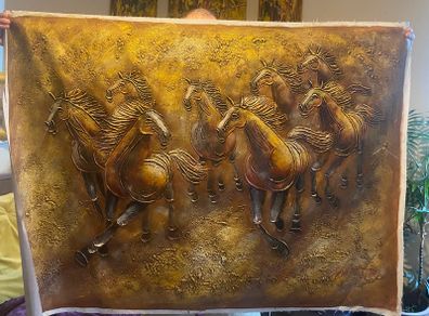 Large Hand Painted Oil on Canvas - Eight Horses Running