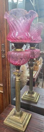 Elegant Victorian Cranberry Glass & Brass Banquet Oil Lamp