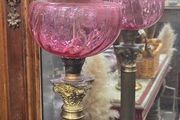 Elegant Victorian Cranberry Glass &amp; Brass Banquet Oil Lamp