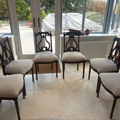Set of six vintage carved harp back dining chairs