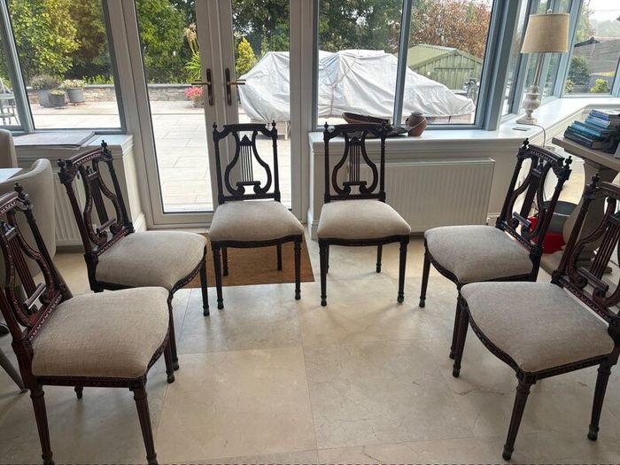Set of six vintage carved harp back dining chairs