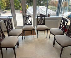 Set of six vintage carved harp back dining chairs