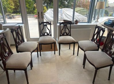 Set of six vintage carved harp back dining chairs