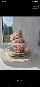 Vintage English Bone China Tea Set 22k Gold Chintz Pink Floral 6pc