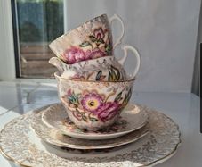 Vintage English Bone China Tea Set 22k Gold Chintz Pink Floral 6pc